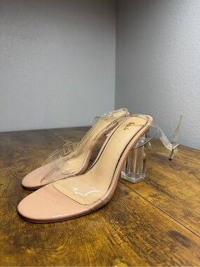 Clear Strappy Block Heel Sandals in Nude